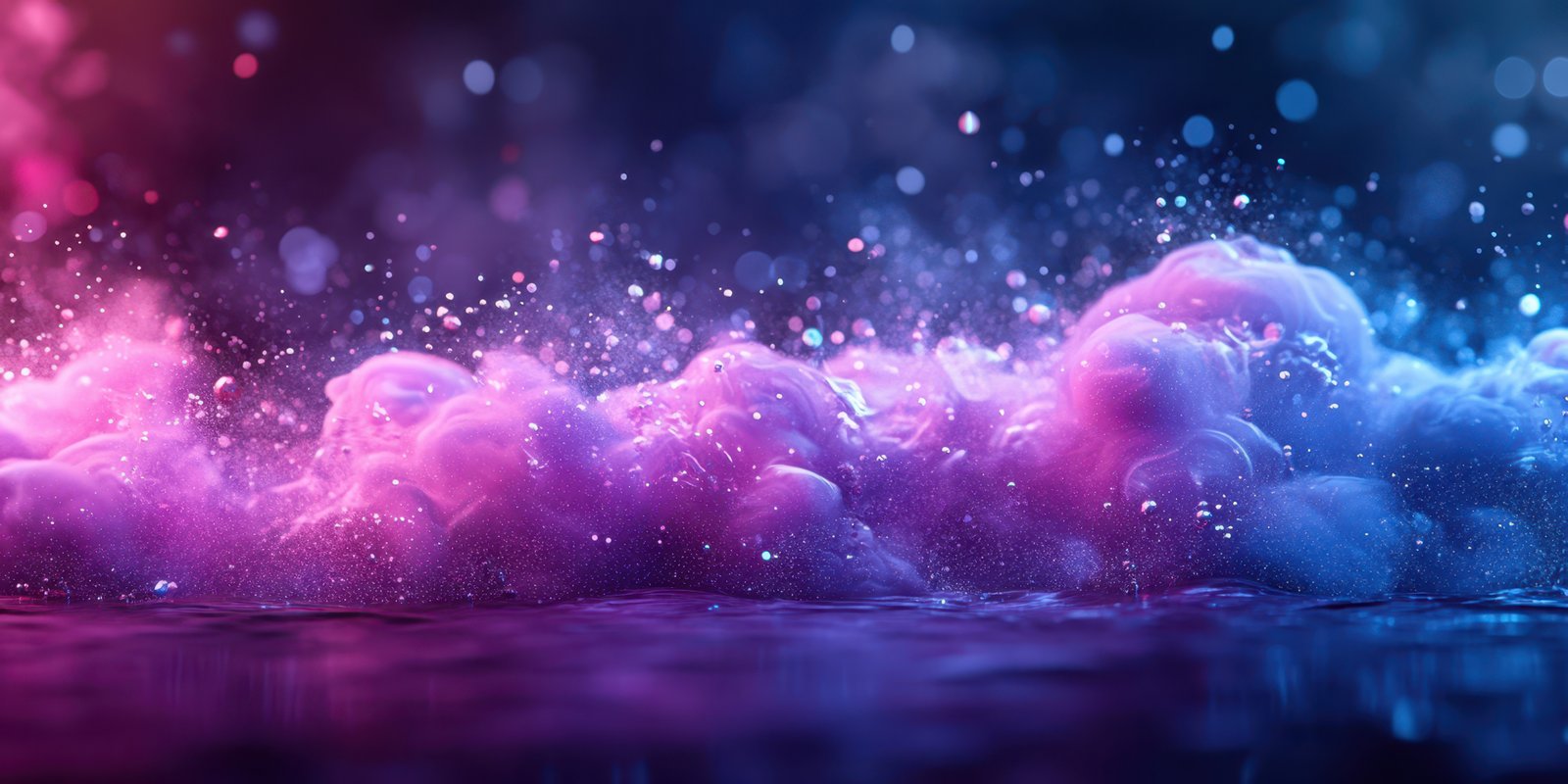 Vibrant colorful mist rising above calm water at twilight with sparkling reflections creating a mystical atmosphere